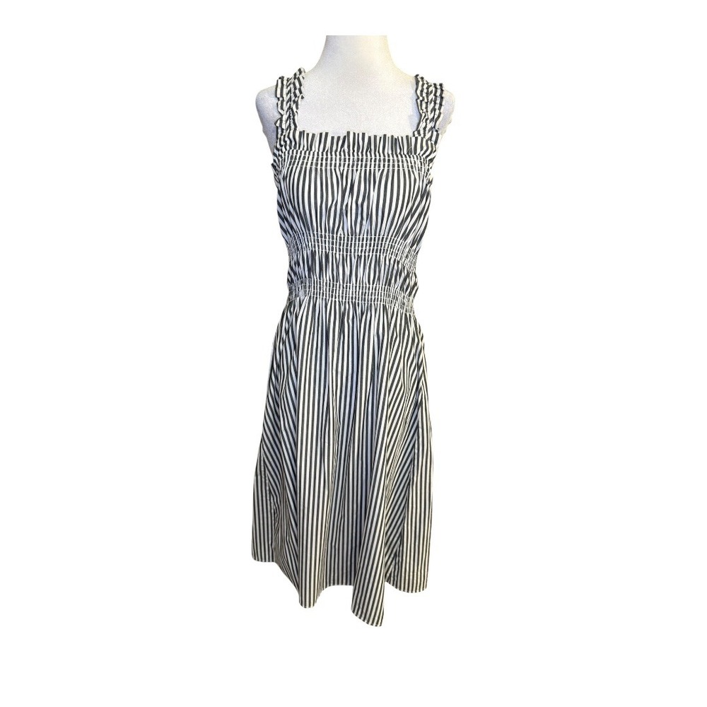 WHO WHAT WEAR Striped Smocked Midi Dress Black White Size Small